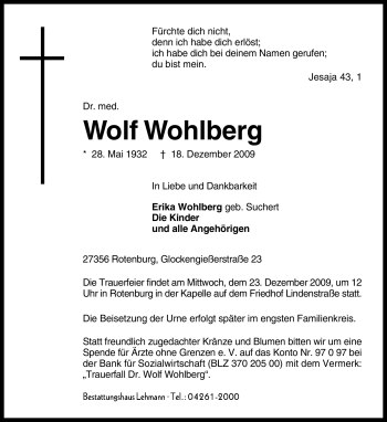 Traueranzeige von Wolf Wohlberg von KREISZEITUNG SYKE