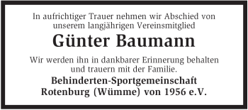 Traueranzeige von Günter Baumann von KREISZEITUNG SYKE