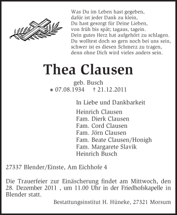 Traueranzeige von Thea Clausen von KREISZEITUNG SYKE