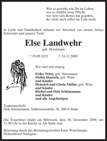 Traueranzeige von Else Landwehr von KREISZEITUNG SYKE