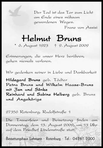 Traueranzeige von Helmut Bruns von KREISZEITUNG SYKE