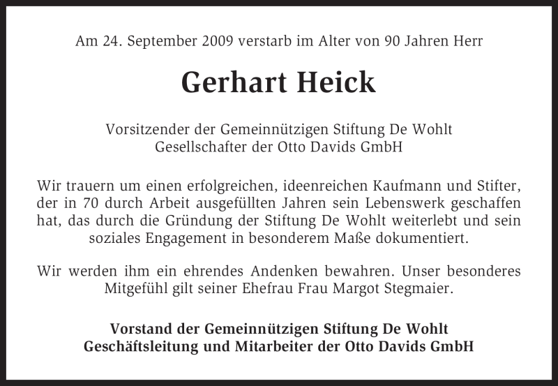  Traueranzeige für Gerhart Heick vom 15.10.2009 aus KREISZEITUNG SYKE