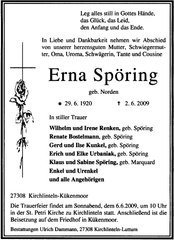 Traueranzeige von Erna Spöring von KREISZEITUNG SYKE