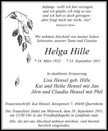 Traueranzeige von Helga Hille von KREISZEITUNG SYKE