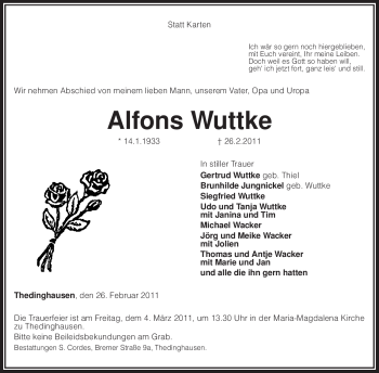 Traueranzeige von Alfons Wuttke von KREISZEITUNG SYKE