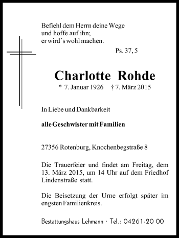 Traueranzeige von Charlotte Rohde von KRZ