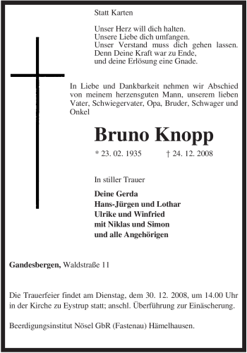 Traueranzeige von Bruno Knopp von KREISZEITUNG SYKE