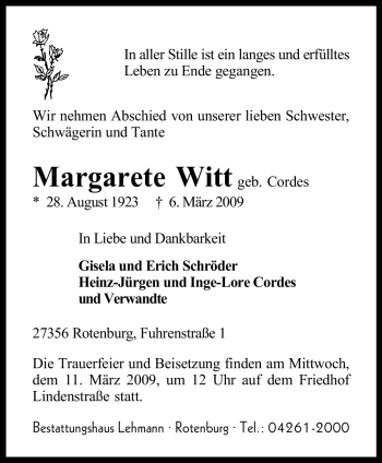 Traueranzeige von Margarete Witt von KREISZEITUNG SYKE