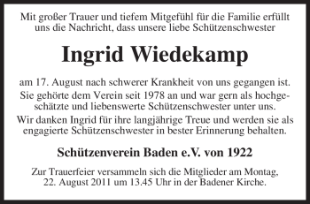 Traueranzeige von Ingrid Wiedekamp von KREISZEITUNG SYKE