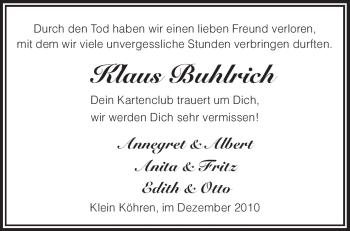 Traueranzeige von Klaus Buhlrich von KREISZEITUNG SYKE