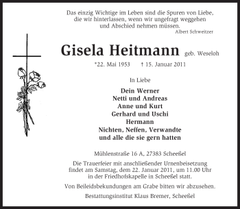 Traueranzeige von Gisela Heitmann von KREISZEITUNG SYKE