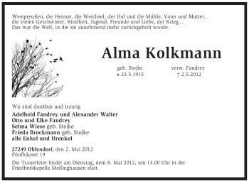 Traueranzeige von Alma Kolkmann von KREISZEITUNG SYKE