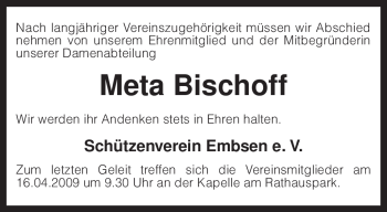 Traueranzeige von Meta Bischoff von KREISZEITUNG SYKE