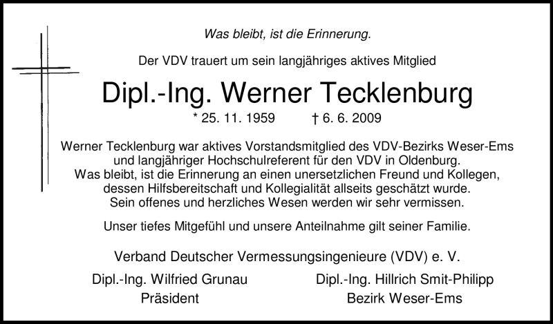  Traueranzeige für Werner Tecklenburg vom 09.06.2009 aus KREISZEITUNG SYKE