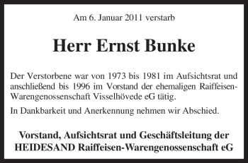 Traueranzeige von Ernst Bunke von KREISZEITUNG SYKE