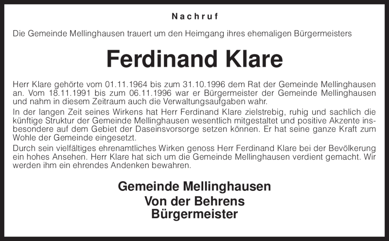  Traueranzeige für Ferdinand Klare vom 17.11.2010 aus KREISZEITUNG SYKE