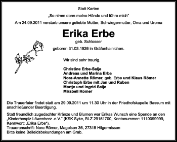 Traueranzeige von Erika Erbe von KREISZEITUNG SYKE