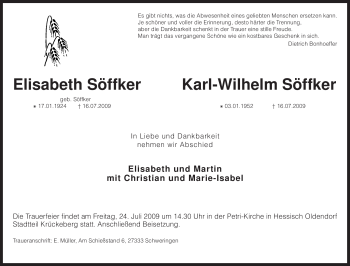 Traueranzeige von Karl-Wilhelm Söffker von KREISZEITUNG SYKE