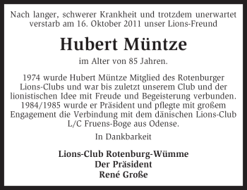 Traueranzeige von Hubert Müntze von KREISZEITUNG SYKE