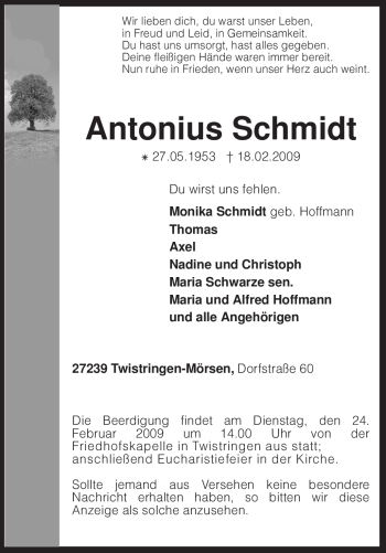 Traueranzeige von Antonius Schmidt von KREISZEITUNG SYKE