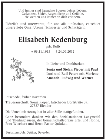 Traueranzeige von Elisabeth Kedenburg von KREISZEITUNG SYKE