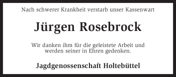 Traueranzeige von Jürgen Rosebrock von KREISZEITUNG SYKE