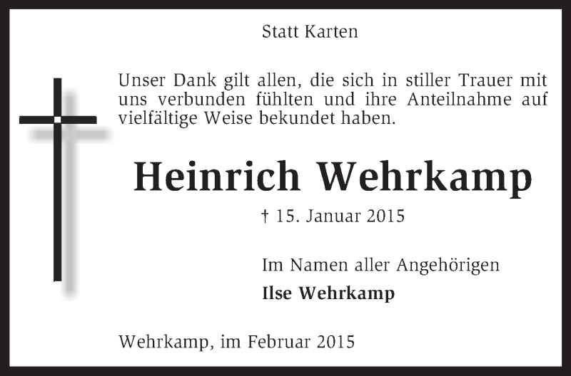  Traueranzeige für Heinrich Wehrkamp vom 21.02.2015 aus KRZ