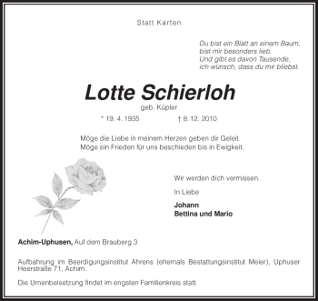 Traueranzeige von Lotte Schierloh von KREISZEITUNG SYKE