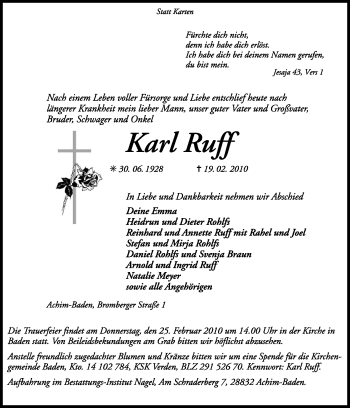 Traueranzeige von Karl Ruff von KREISZEITUNG SYKE