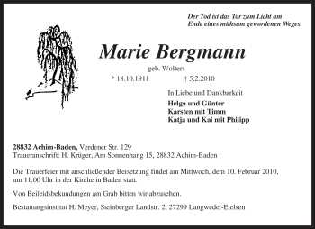 Traueranzeige von Marie Bergmann von KREISZEITUNG SYKE