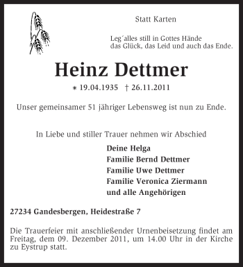 Traueranzeige von Heinz Dettmer von KREISZEITUNG SYKE