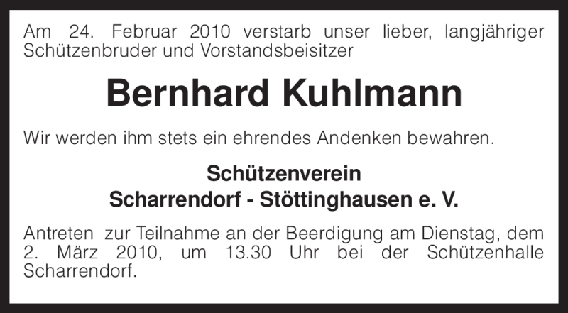  Traueranzeige für Bernhard Kuhlmann vom 26.02.2010 aus KREISZEITUNG SYKE