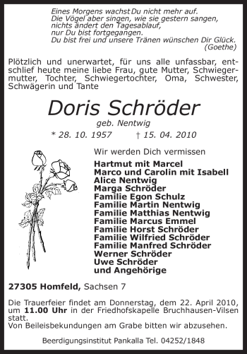 Traueranzeige von Doris Schröder von KREISZEITUNG SYKE