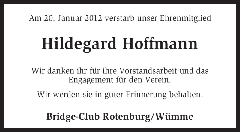  Traueranzeige für Hildegard Hoffmann vom 25.01.2012 aus KREISZEITUNG SYKE