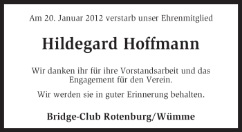 Traueranzeige von Hildegard Hoffmann von KREISZEITUNG SYKE