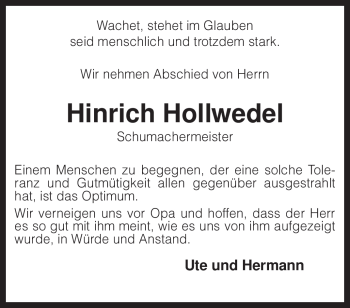 Traueranzeige von Hinrich Hollwedel von KREISZEITUNG SYKE