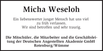 Traueranzeige von Micha Weseloh von KREISZEITUNG SYKE