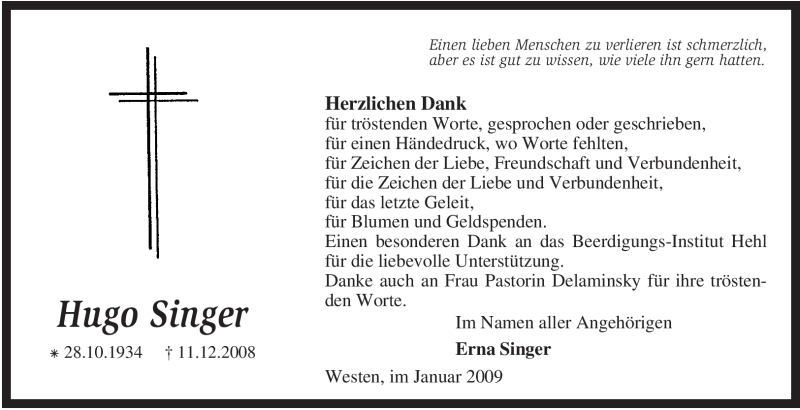  Traueranzeige für Hugo Singer vom 24.01.2009 aus KREISZEITUNG SYKE