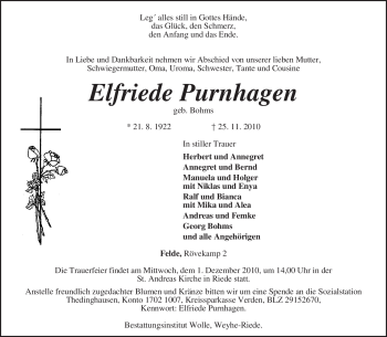 Traueranzeige von Elfriede Purnhagen von KREISZEITUNG SYKE