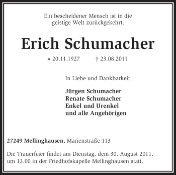 Traueranzeige von Erich Schumacher von KREISZEITUNG SYKE