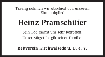 Traueranzeige von Heinz Pramschüfer von KREISZEITUNG SYKE