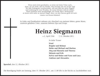 Traueranzeige von Heinz Siegmann von KREISZEITUNG SYKE