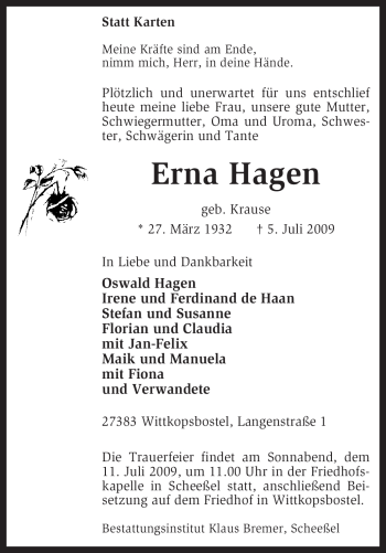 Traueranzeige von Erna Hagen von KREISZEITUNG SYKE