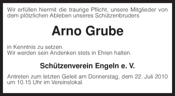 Traueranzeige von Arno Grube von KREISZEITUNG SYKE