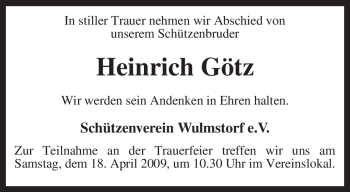 Traueranzeige von Heinrich Götz von KREISZEITUNG SYKE