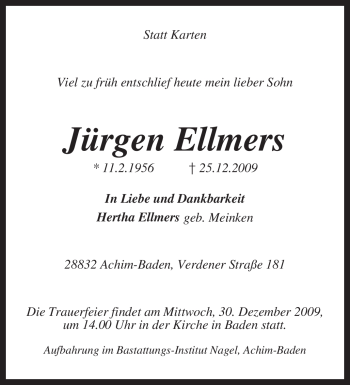 Traueranzeige von Jürgen Ellmers von KREISZEITUNG SYKE