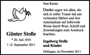 Traueranzeige von Günter Stolle von KREISZEITUNG SYKE