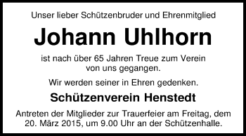 Traueranzeige von Johann Uhlhorn von KRZ