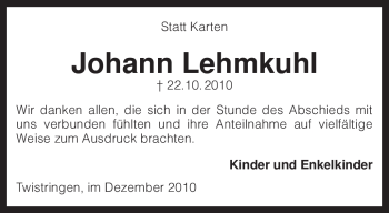 Traueranzeige von Johann Lehmkuhl von KREISZEITUNG SYKE