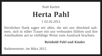 Traueranzeige von Herta Pahl von KREISZEITUNG SYKE